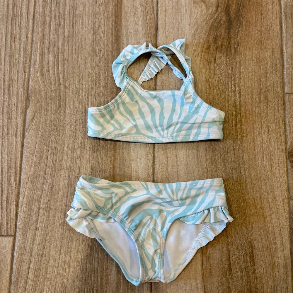 GB Girls 2-Piece Zebra Print Bikini Swimsuit Set Blue/White Ruffle Size 5